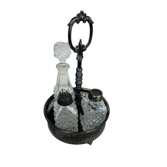 Vintage Italy Raimond Silver Plate Castor Cruet Salt Pepper Oil Textured Glass - Picture 1 of 9
